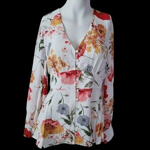LUMIE White Floral Print Peplum Top Long Sleeve V-Neck Button Front Blouse New
